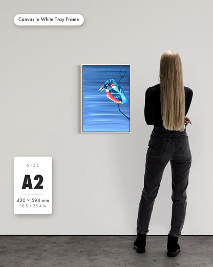 Andrea Nicole 'Patience' fine art canvas in a white tray float frame, A2 — shown to scale on a gallery wall with a size guide card. | an:family=canvas;role=sizeref;size=A2;finish=white