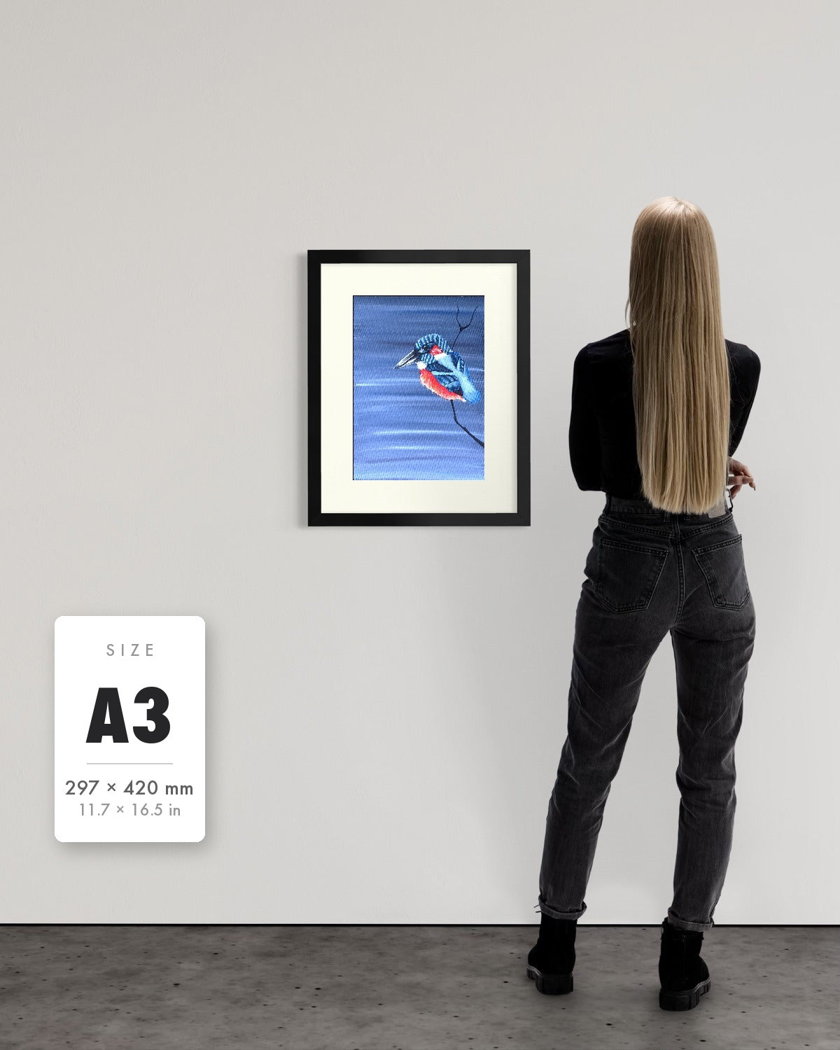 Patience — A3 (297 x 420 mm) black frame art print shown to scale beside a person, with a size guide card. | an:family=print;role=sizeref;size=A3;finish=black