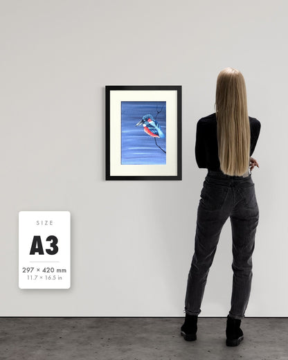 Patience — A3 (297 x 420 mm) black frame art print shown to scale beside a person, with a size guide card. | an:family=print;role=sizeref;size=A3;finish=black