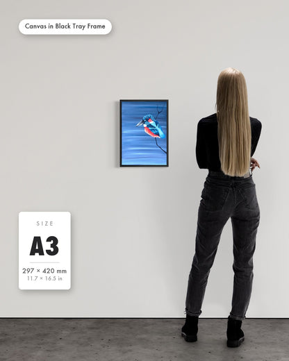 Andrea Nicole 'Patience' fine art canvas in a black tray float frame, A3 — shown to scale on a gallery wall with a size guide card. | an:family=canvas;role=sizeref;size=A3;finish=black