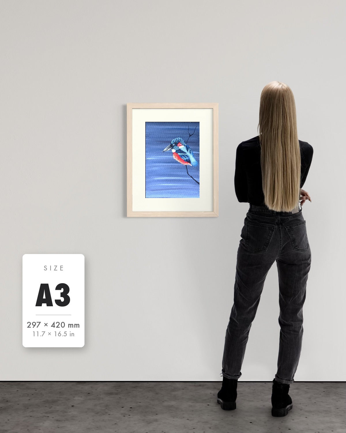 Patience — A3 (297 x 420 mm) natural frame art print shown to scale beside a person, with a size guide card. | an:family=print;role=sizeref;size=A3;finish=natural