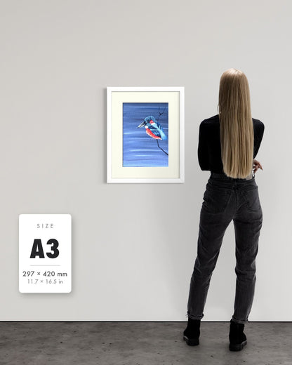 Patience — A3 (297 x 420 mm) white frame art print shown to scale beside a person, with a size guide card. | an:family=print;role=sizeref;size=A3;finish=white