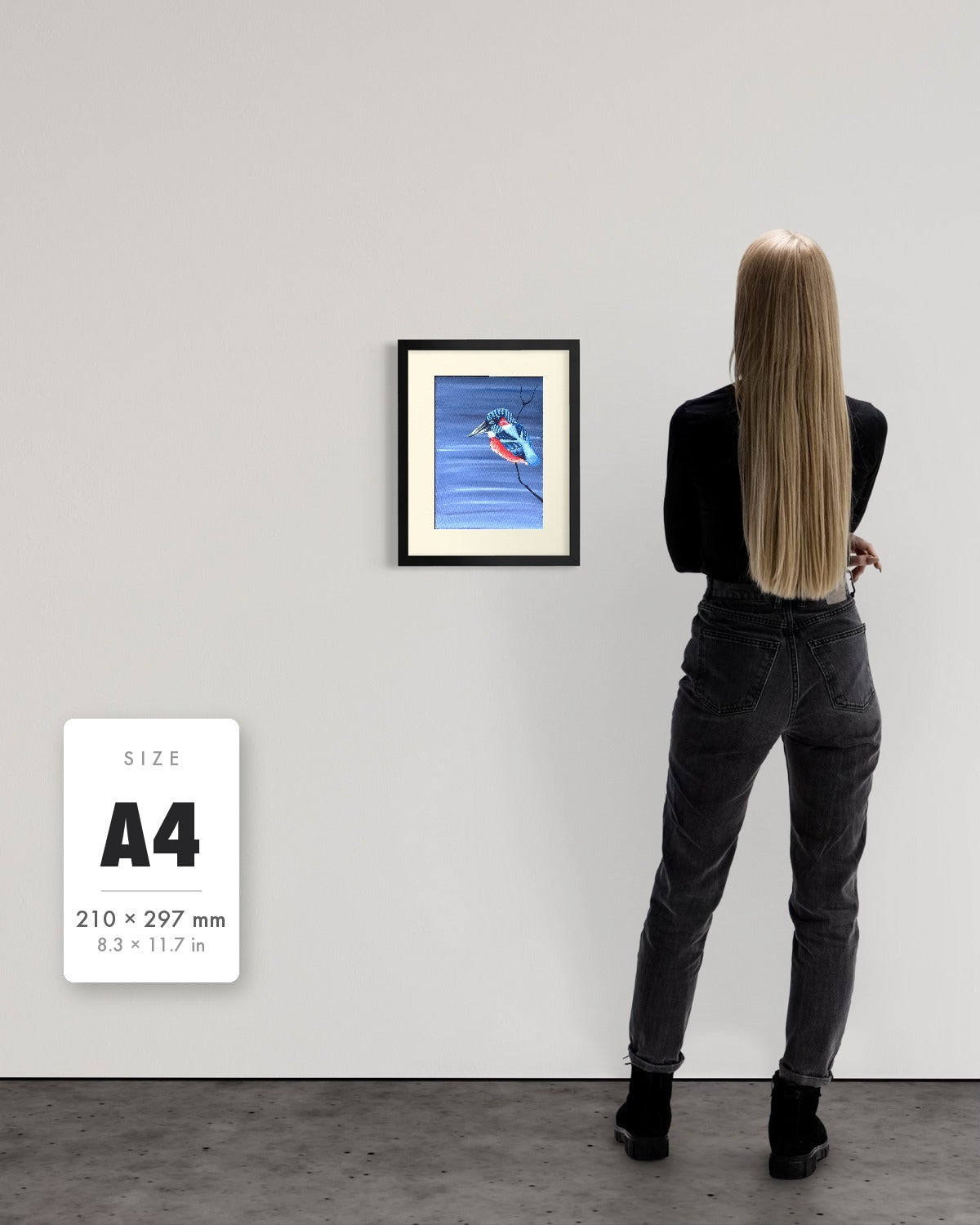 Patience — A4 (210 x 297 mm) black frame art print shown to scale beside a person, with a size guide card. | an:family=print;role=sizeref;size=A4;finish=black