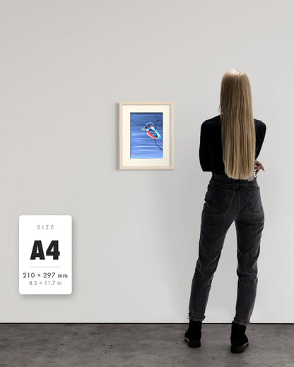 Patience — A4 (210 x 297 mm) natural frame art print shown to scale beside a person, with a size guide card. | an:family=print;role=sizeref;size=A4;finish=natural