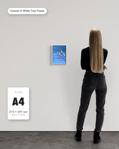 Andrea Nicole 'Patience' fine art canvas in a white tray float frame, A4 — shown to scale on a gallery wall with a size guide card. | an:family=canvas;role=sizeref;size=A4;finish=white