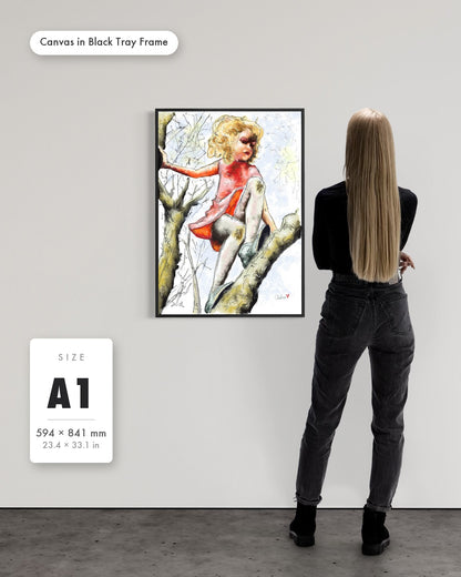 Andrea Nicole 'Pretty Dresses & Scuffed Knees' fine art canvas in a black tray float frame, A1 — shown to scale on a gallery wall with a size guide card. | an:family=canvas;role=sizeref;size=A1;finish=black