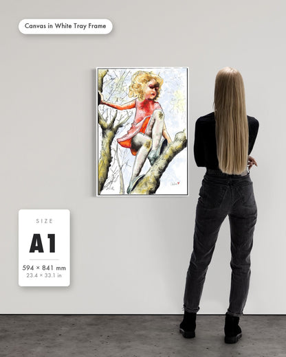 Andrea Nicole 'Pretty Dresses & Scuffed Knees' fine art canvas in a white tray float frame, A1 — shown to scale on a gallery wall with a size guide card. | an:family=canvas;role=sizeref;size=A1;finish=white