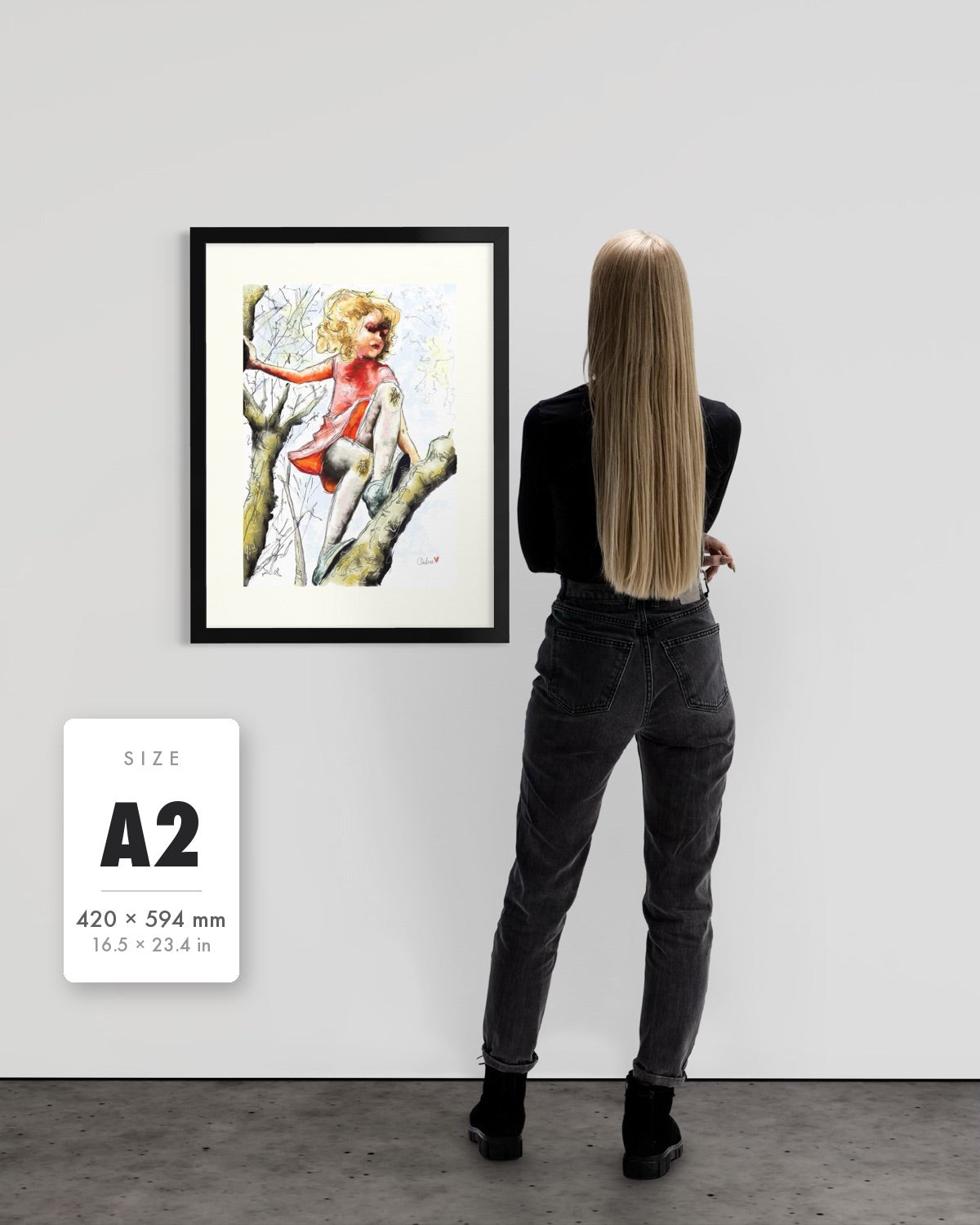 Pretty Dresses & Scuffed Knees — A2 (420 x 594 mm) black frame art print shown to scale beside a person, with a size guide card. | an:family=print;role=sizeref;size=A2;finish=black