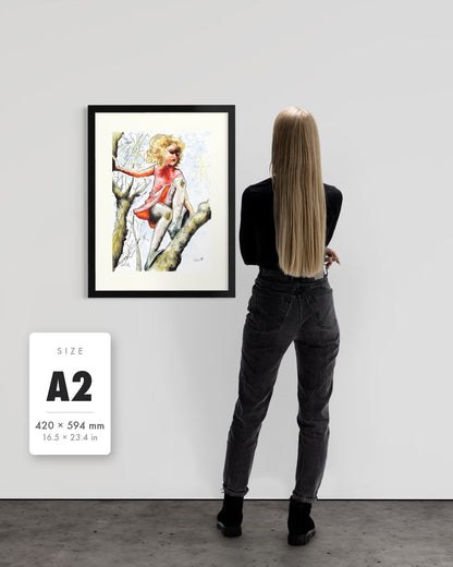 Pretty Dresses & Scuffed Knees — A2 (420 x 594 mm) black frame art print shown to scale beside a person, with a size guide card. | an:family=print;role=sizeref;size=A2;finish=black