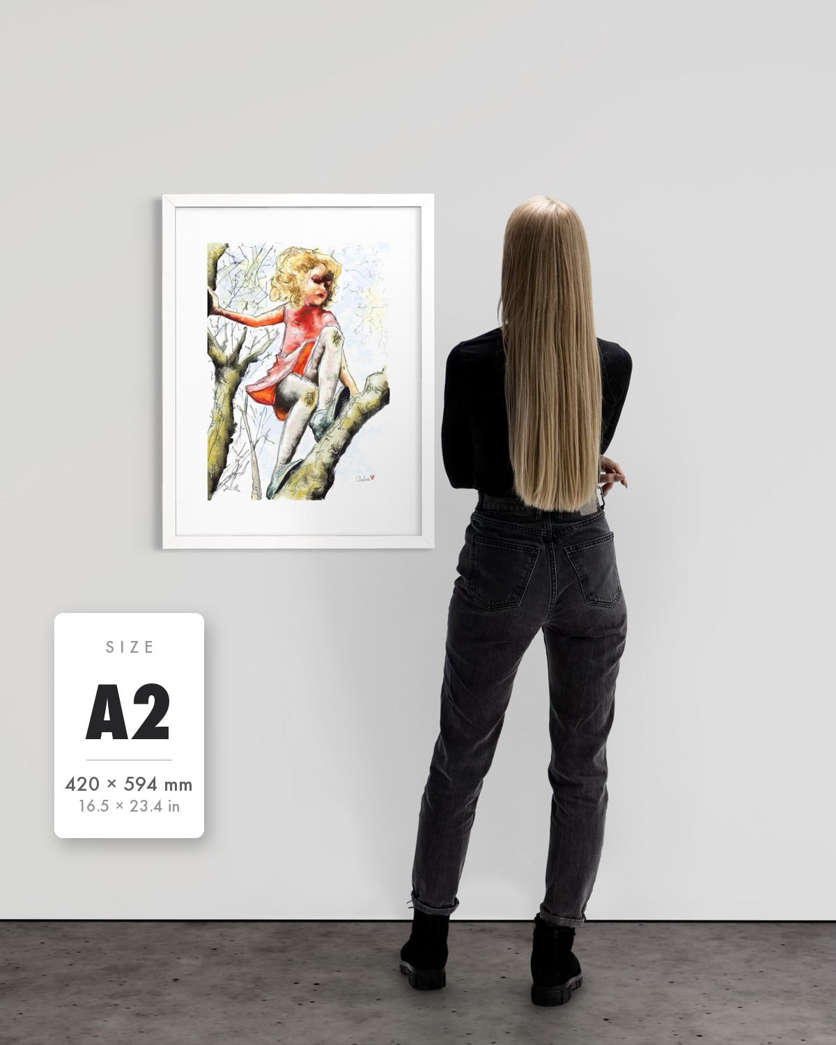 Pretty Dresses & Scuffed Knees — A2 (420 x 594 mm) white frame art print shown to scale beside a person, with a size guide card. | an:family=print;role=sizeref;size=A2;finish=white