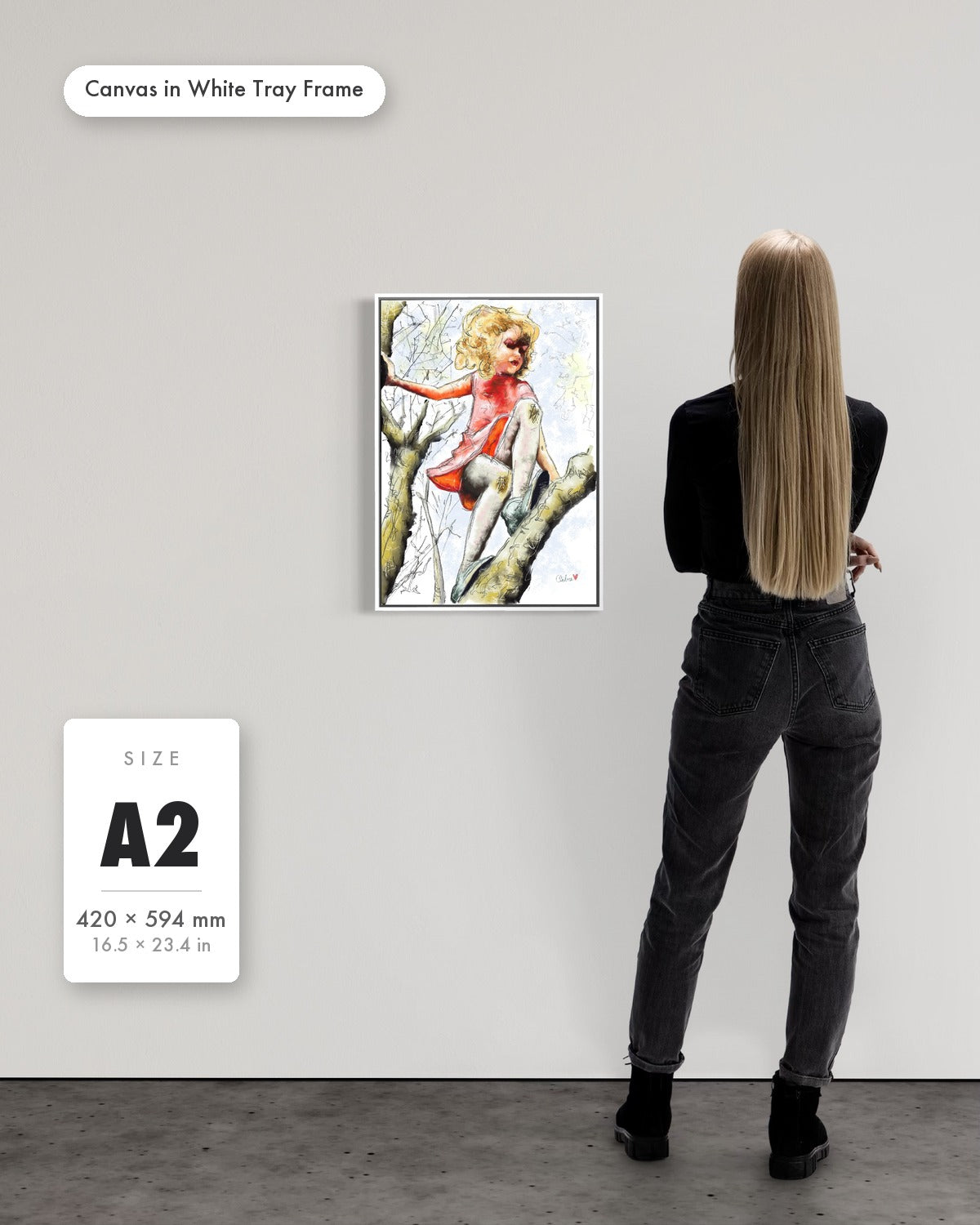 Andrea Nicole 'Pretty Dresses & Scuffed Knees' fine art canvas in a white tray float frame, A2 — shown to scale on a gallery wall with a size guide card. | an:family=canvas;role=sizeref;size=A2;finish=white