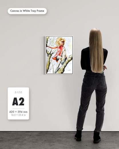 Andrea Nicole 'Pretty Dresses & Scuffed Knees' fine art canvas in a white tray float frame, A2 — shown to scale on a gallery wall with a size guide card. | an:family=canvas;role=sizeref;size=A2;finish=white