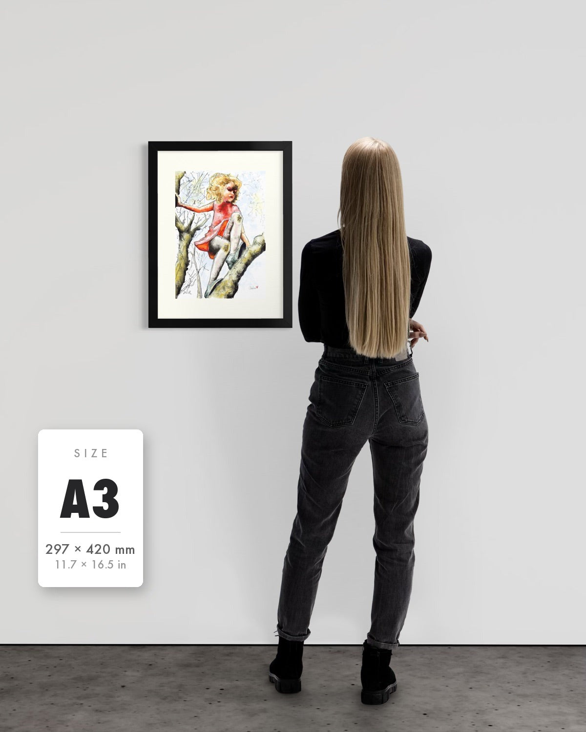 Pretty Dresses & Scuffed Knees — A3 (297 x 420 mm) black frame art print shown to scale beside a person, with a size guide card. | an:family=print;role=sizeref;size=A3;finish=black