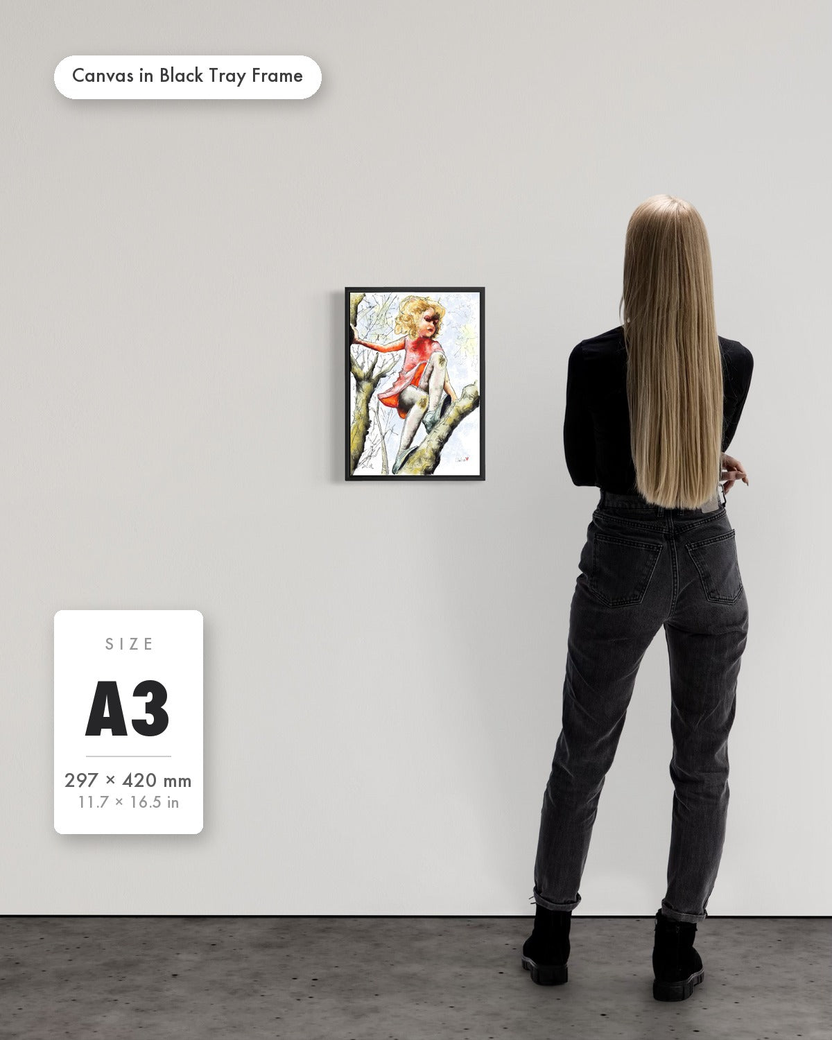 Andrea Nicole 'Pretty Dresses & Scuffed Knees' fine art canvas in a black tray float frame, A3 — shown to scale on a gallery wall with a size guide card. | an:family=canvas;role=sizeref;size=A3;finish=black