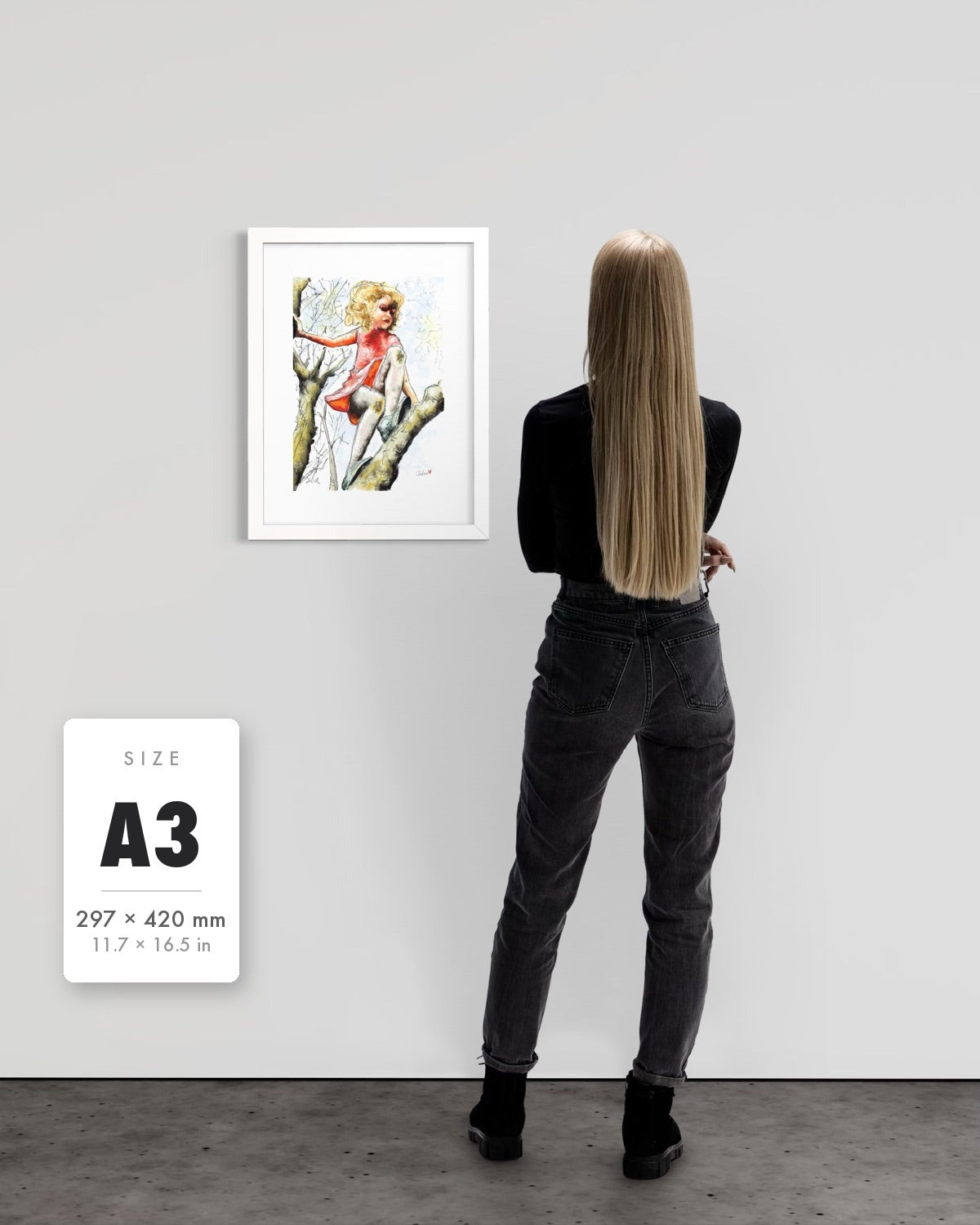 Pretty Dresses & Scuffed Knees — A3 (297 x 420 mm) white frame art print shown to scale beside a person, with a size guide card. | an:family=print;role=sizeref;size=A3;finish=white