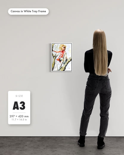 Andrea Nicole 'Pretty Dresses & Scuffed Knees' fine art canvas in a white tray float frame, A3 — shown to scale on a gallery wall with a size guide card. | an:family=canvas;role=sizeref;size=A3;finish=white