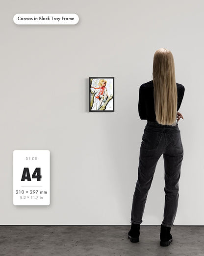 Andrea Nicole 'Pretty Dresses & Scuffed Knees' fine art canvas in a black tray float frame, A4 — shown to scale on a gallery wall with a size guide card. | an:family=canvas;role=sizeref;size=A4;finish=black
