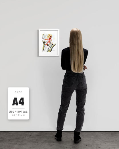 Pretty Dresses & Scuffed Knees — A4 (210 x 297 mm) white frame art print shown to scale beside a person, with a size guide card. | an:family=print;role=sizeref;size=A4;finish=white