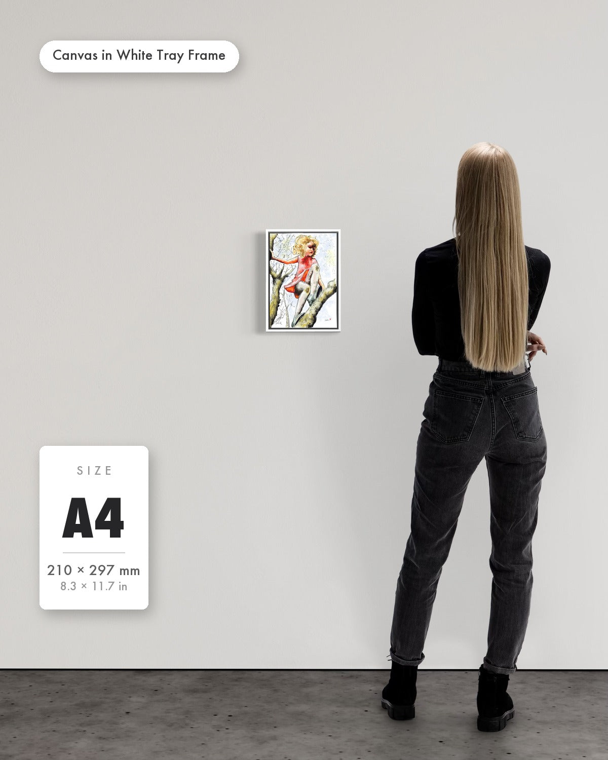 Andrea Nicole 'Pretty Dresses & Scuffed Knees' fine art canvas in a white tray float frame, A4 — shown to scale on a gallery wall with a size guide card. | an:family=canvas;role=sizeref;size=A4;finish=white