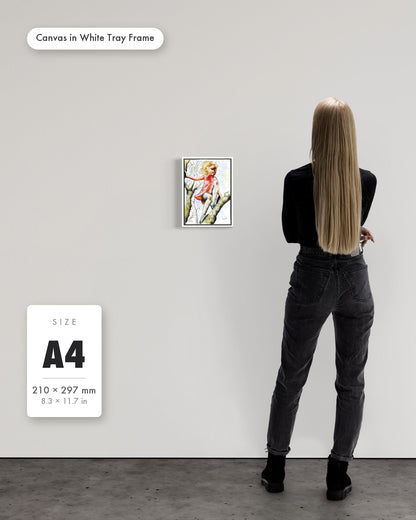 Andrea Nicole 'Pretty Dresses & Scuffed Knees' fine art canvas in a white tray float frame, A4 — shown to scale on a gallery wall with a size guide card. | an:family=canvas;role=sizeref;size=A4;finish=white