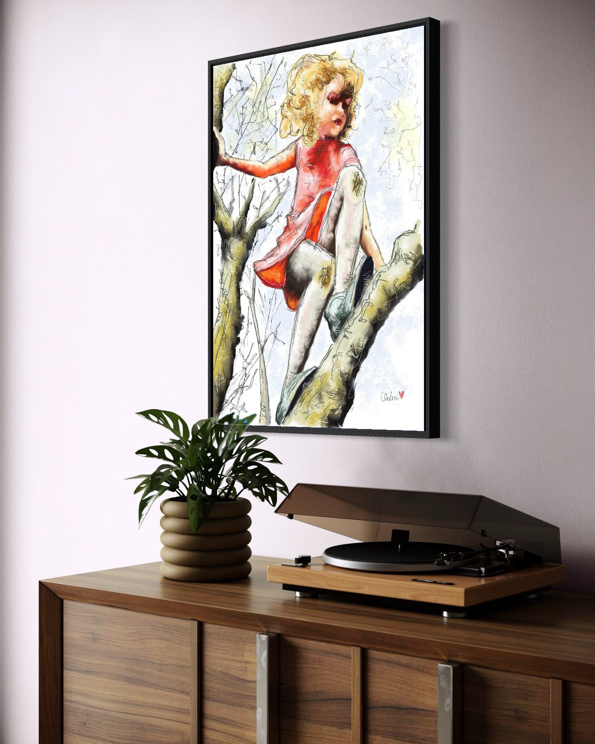 Andrea Nicole 'Pretty Dresses & Scuffed Knees' fine art canvas in a black tray float frame, shown on the wall in a styled room setting. | an:family=canvas;role=hero;finish=black;scene=black_2