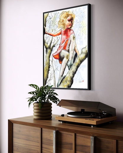 Andrea Nicole 'Pretty Dresses & Scuffed Knees' fine art canvas in a black tray float frame, shown on the wall in a styled room setting. | an:family=canvas;role=hero;finish=black;scene=black_2