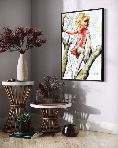 Andrea Nicole 'Pretty Dresses & Scuffed Knees' fine art canvas in a black tray float frame, shown on the wall in a styled room setting. | an:family=canvas;role=hero;finish=black;scene=black_3