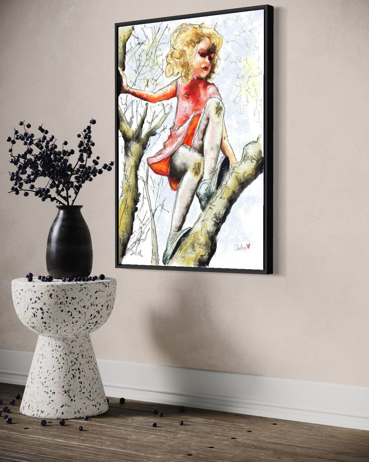 Andrea Nicole 'Pretty Dresses & Scuffed Knees' fine art canvas in a black tray float frame, shown on the wall in a styled room setting. | an:family=canvas;role=hero;finish=black;scene=black_4