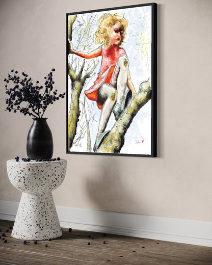 Andrea Nicole 'Pretty Dresses & Scuffed Knees' fine art canvas in a black tray float frame, shown on the wall in a styled room setting. | an:family=canvas;role=hero;finish=black;scene=black_4