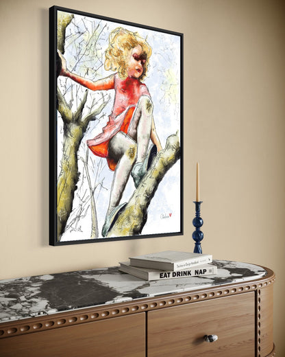 Andrea Nicole 'Pretty Dresses & Scuffed Knees' fine art canvas in a black tray float frame, shown on the wall in a styled room setting. | an:family=canvas;role=hero;finish=black;scene=black_5