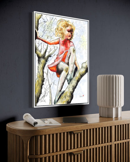 Andrea Nicole 'Pretty Dresses & Scuffed Knees' fine art canvas in a white tray float frame, shown on the wall in a styled room setting. | an:family=canvas;role=hero;finish=white;scene=white_2