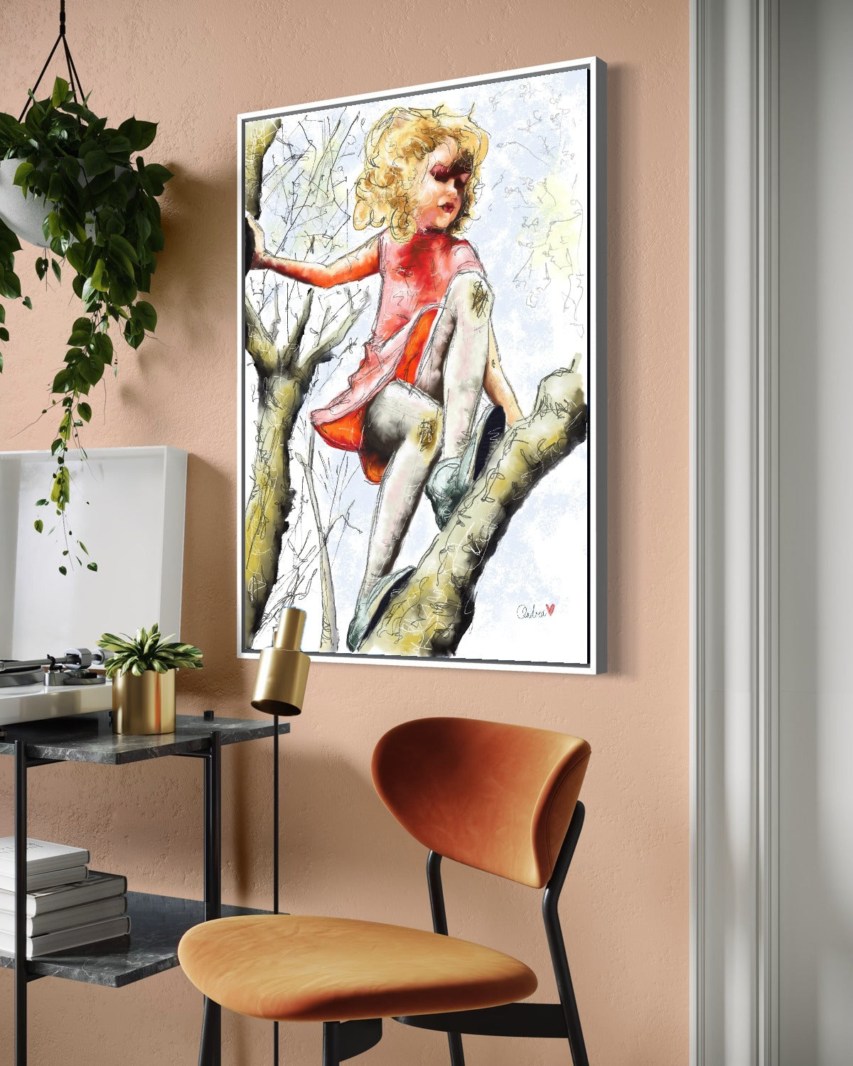 Andrea Nicole 'Pretty Dresses & Scuffed Knees' fine art canvas in a white tray float frame, shown on the wall in a styled room setting. | an:family=canvas;role=hero;finish=white;scene=white_3