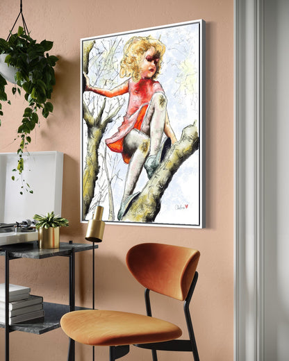 Andrea Nicole 'Pretty Dresses & Scuffed Knees' fine art canvas in a white tray float frame, shown on the wall in a styled room setting. | an:family=canvas;role=hero;finish=white;scene=white_3