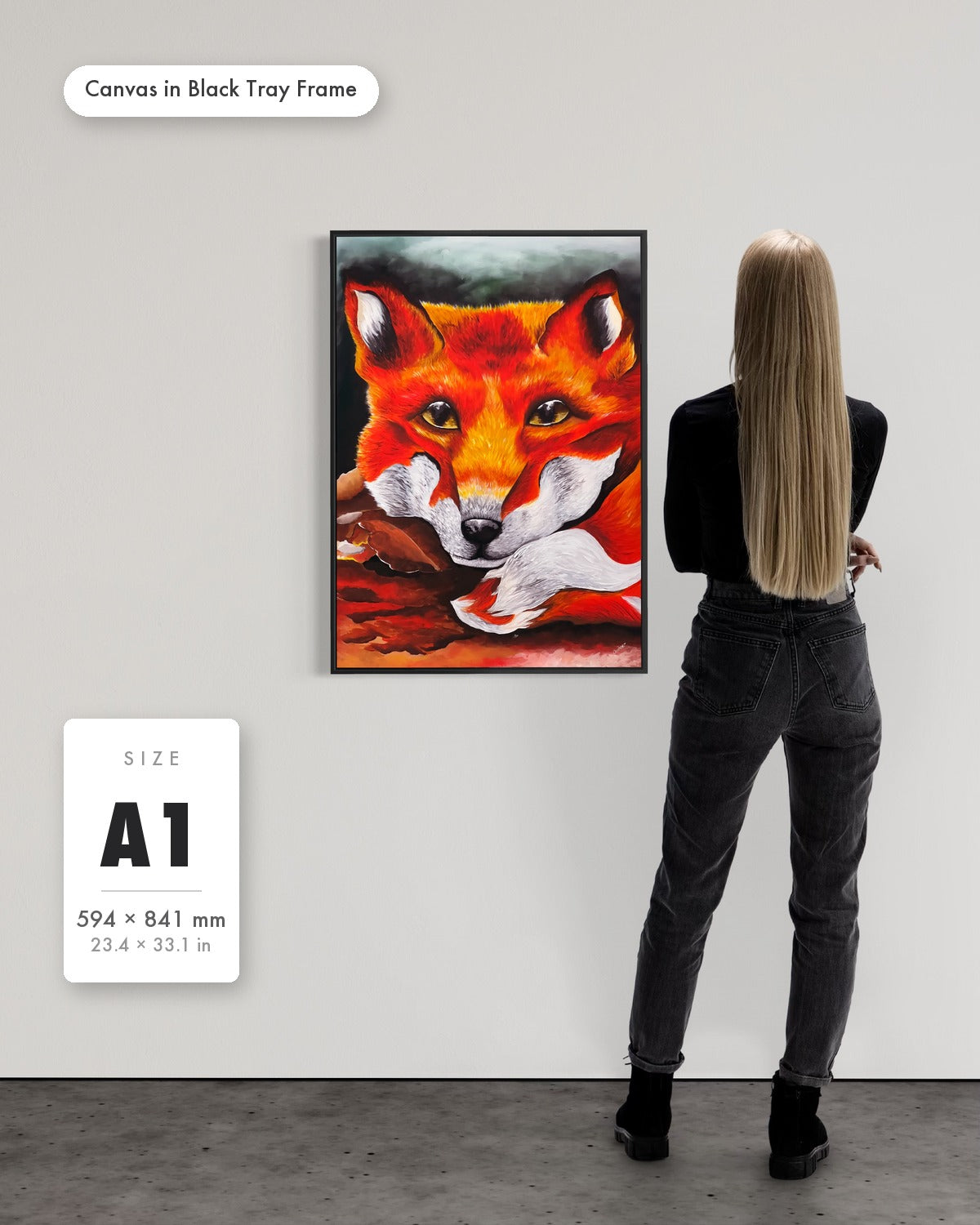 Andrea Nicole 'Quiet Curiosity' fine art canvas in a black tray float frame, A1 — shown to scale on a gallery wall with a size guide card. | an:family=canvas;role=sizeref;size=A1;finish=black