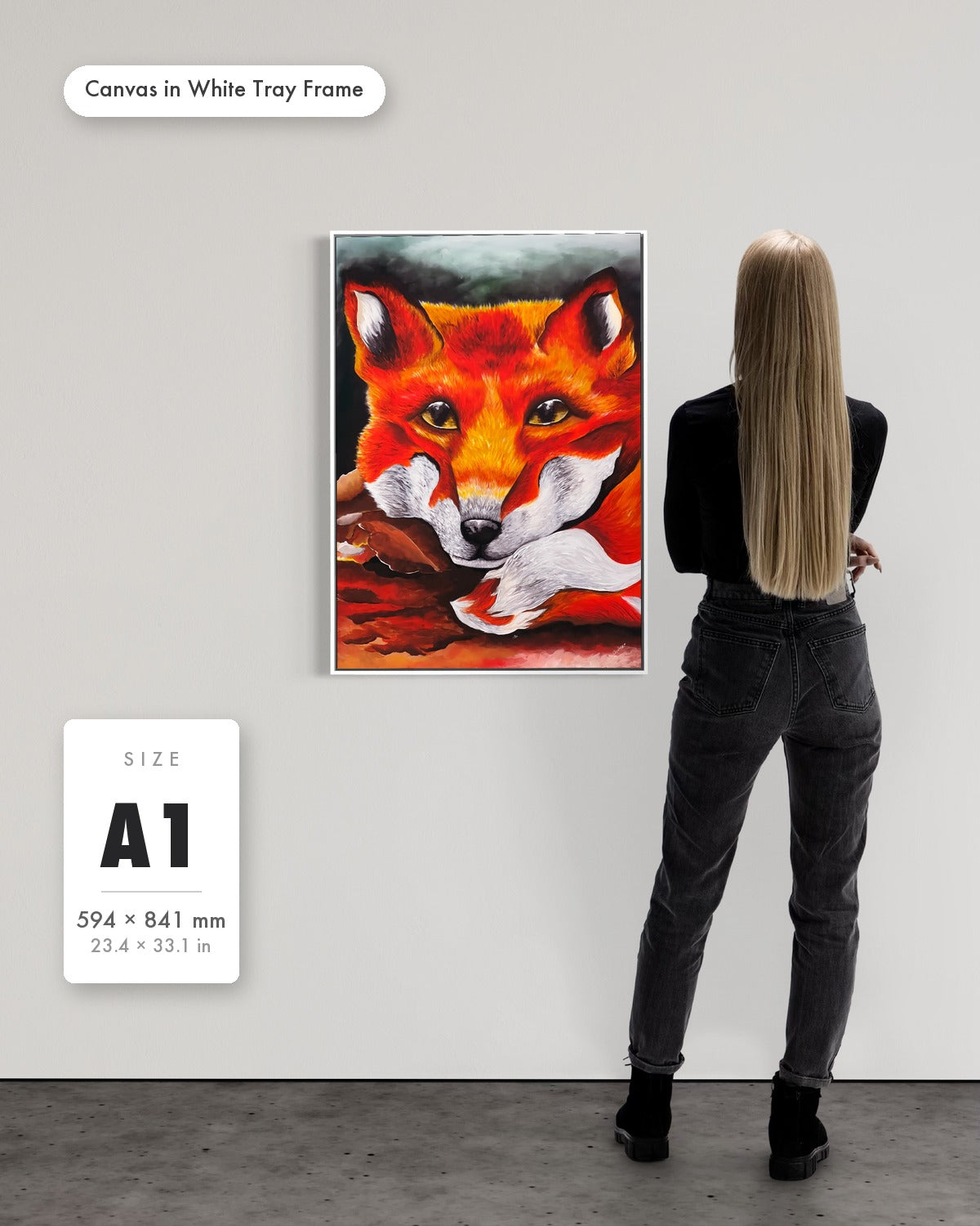 Andrea Nicole 'Quiet Curiosity' fine art canvas in a white tray float frame, A1 — shown to scale on a gallery wall with a size guide card. | an:family=canvas;role=sizeref;size=A1;finish=white