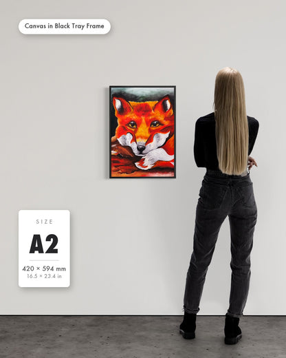 Andrea Nicole 'Quiet Curiosity' fine art canvas in a black tray float frame, A2 — shown to scale on a gallery wall with a size guide card. | an:family=canvas;role=sizeref;size=A2;finish=black