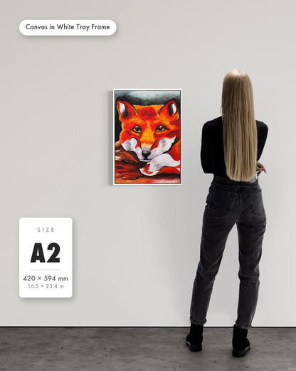 Andrea Nicole 'Quiet Curiosity' fine art canvas in a white tray float frame, A2 — shown to scale on a gallery wall with a size guide card. | an:family=canvas;role=sizeref;size=A2;finish=white