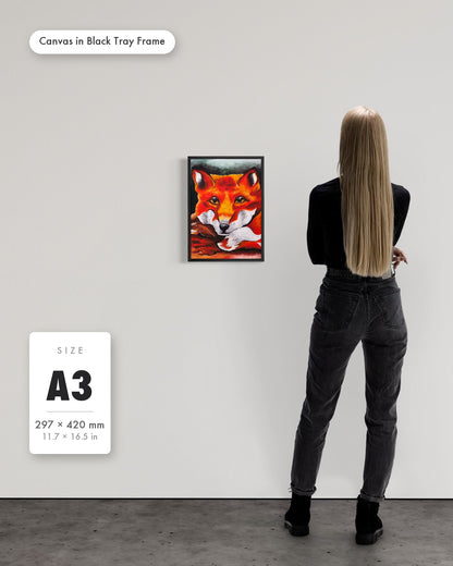 Andrea Nicole 'Quiet Curiosity' fine art canvas in a black tray float frame, A3 — shown to scale on a gallery wall with a size guide card. | an:family=canvas;role=sizeref;size=A3;finish=black
