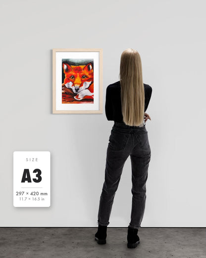 Quiet Curiosity — A3 (297 x 420 mm) natural frame art print shown to scale beside a person, with a size guide card. | an:family=print;role=sizeref;size=A3;finish=natural