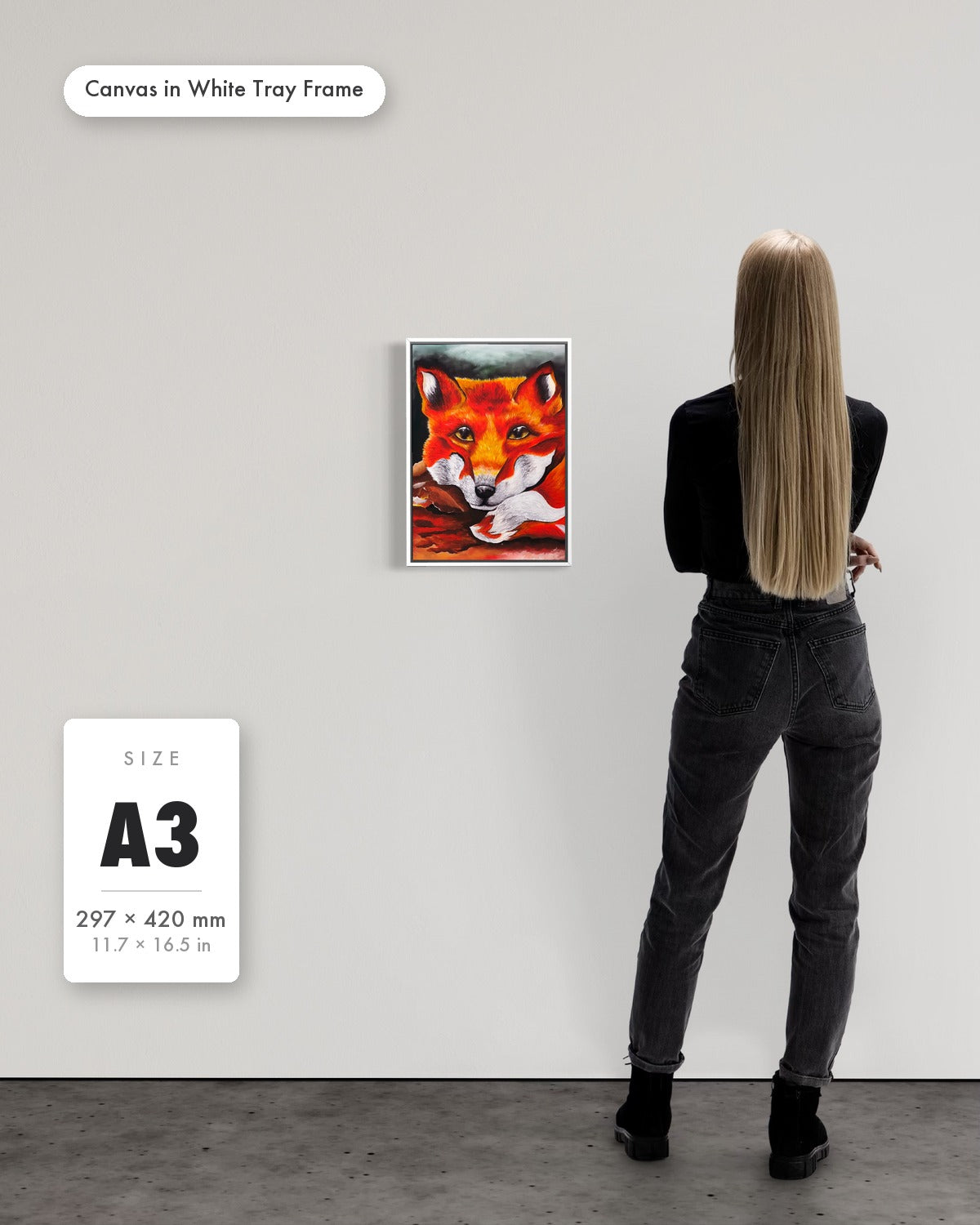 Andrea Nicole 'Quiet Curiosity' fine art canvas in a white tray float frame, A3 — shown to scale on a gallery wall with a size guide card. | an:family=canvas;role=sizeref;size=A3;finish=white
