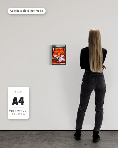 Andrea Nicole 'Quiet Curiosity' fine art canvas in a black tray float frame, A4 — shown to scale on a gallery wall with a size guide card. | an:family=canvas;role=sizeref;size=A4;finish=black