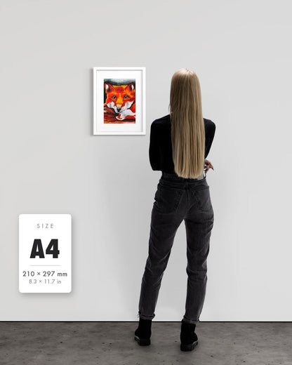 Quiet Curiosity — A4 (210 x 297 mm) white frame art print shown to scale beside a person, with a size guide card. | an:family=print;role=sizeref;size=A4;finish=white