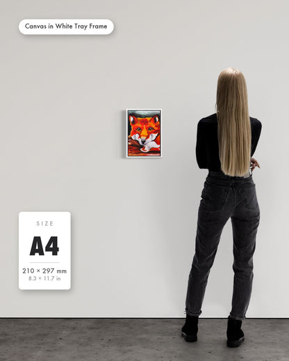 Andrea Nicole 'Quiet Curiosity' fine art canvas in a white tray float frame, A4 — shown to scale on a gallery wall with a size guide card. | an:family=canvas;role=sizeref;size=A4;finish=white