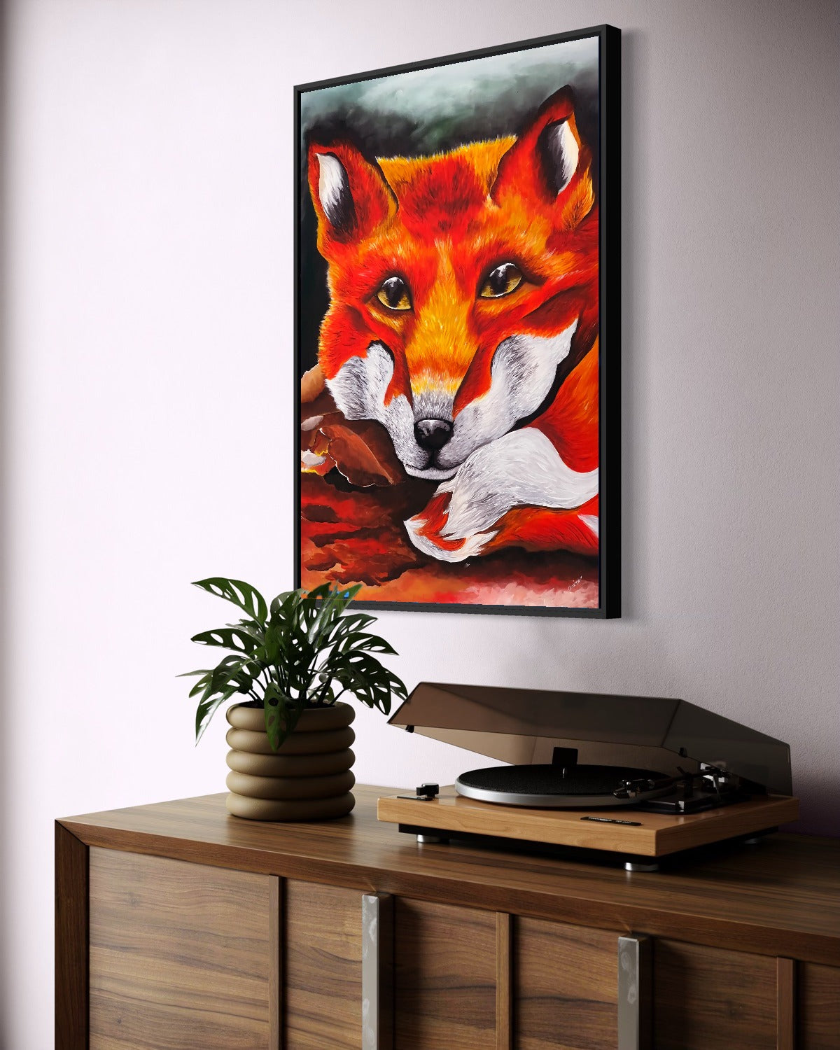 Andrea Nicole 'Quiet Curiosity' fine art canvas in a black tray float frame, shown on the wall in a styled room setting. | an:family=canvas;role=hero;finish=black;scene=black_2