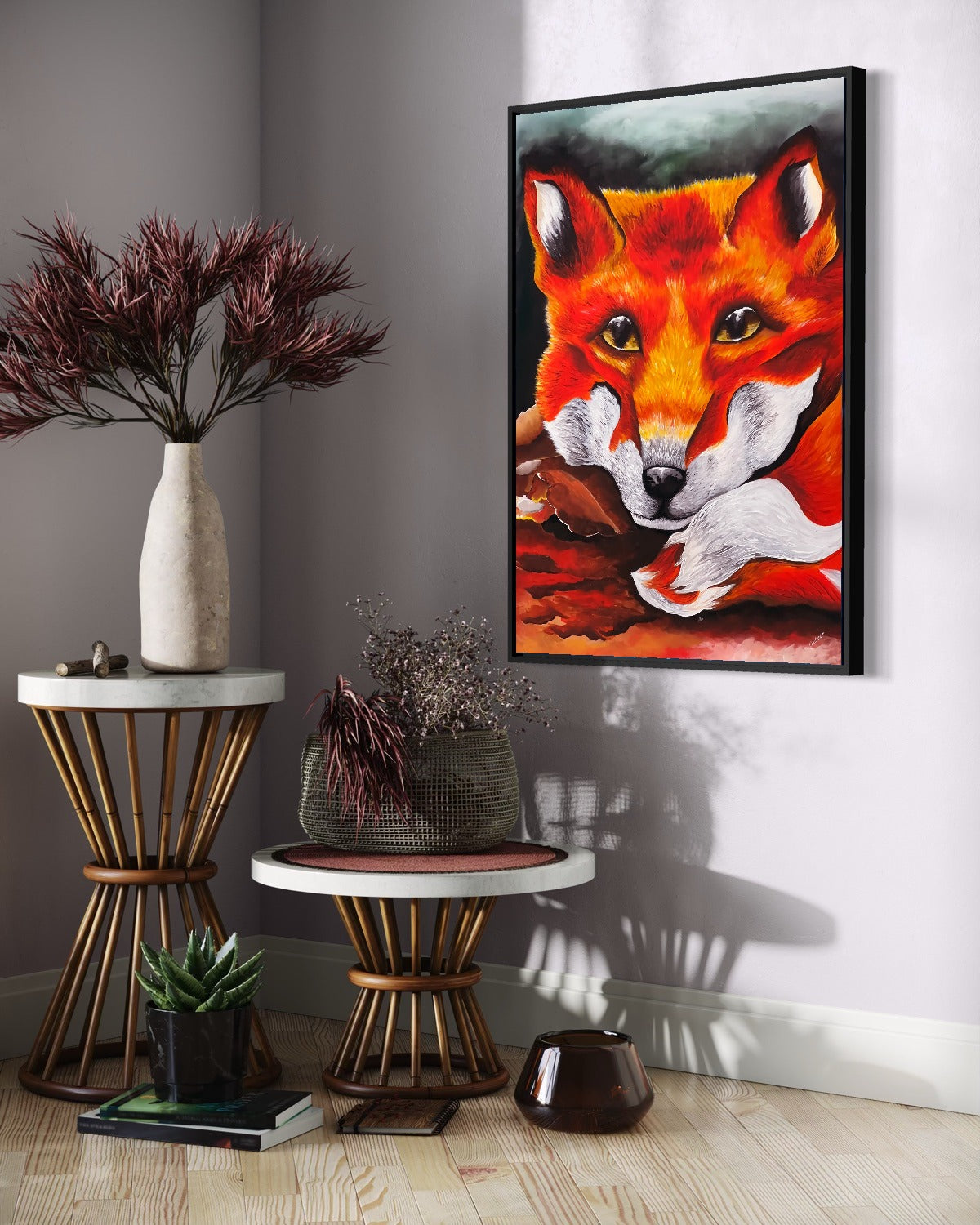 Andrea Nicole 'Quiet Curiosity' fine art canvas in a black tray float frame, shown on the wall in a styled room setting. | an:family=canvas;role=hero;finish=black;scene=black_3