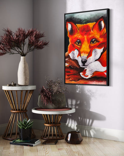 Andrea Nicole 'Quiet Curiosity' fine art canvas in a black tray float frame, shown on the wall in a styled room setting. | an:family=canvas;role=hero;finish=black;scene=black_3