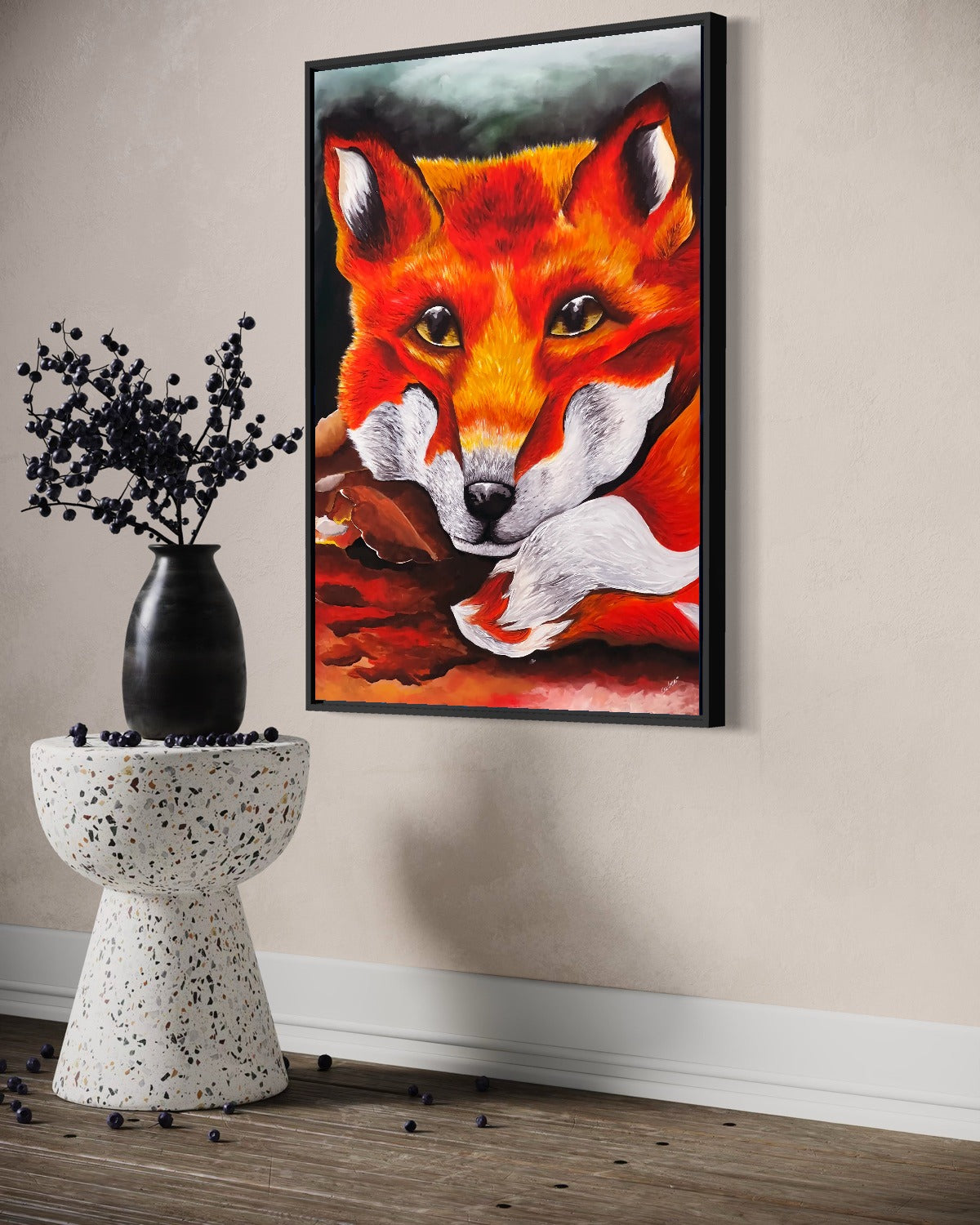 Andrea Nicole 'Quiet Curiosity' fine art canvas in a black tray float frame, shown on the wall in a styled room setting. | an:family=canvas;role=hero;finish=black;scene=black_4