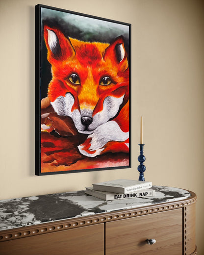 Andrea Nicole 'Quiet Curiosity' fine art canvas in a black tray float frame, shown on the wall in a styled room setting. | an:family=canvas;role=hero;finish=black;scene=black_5