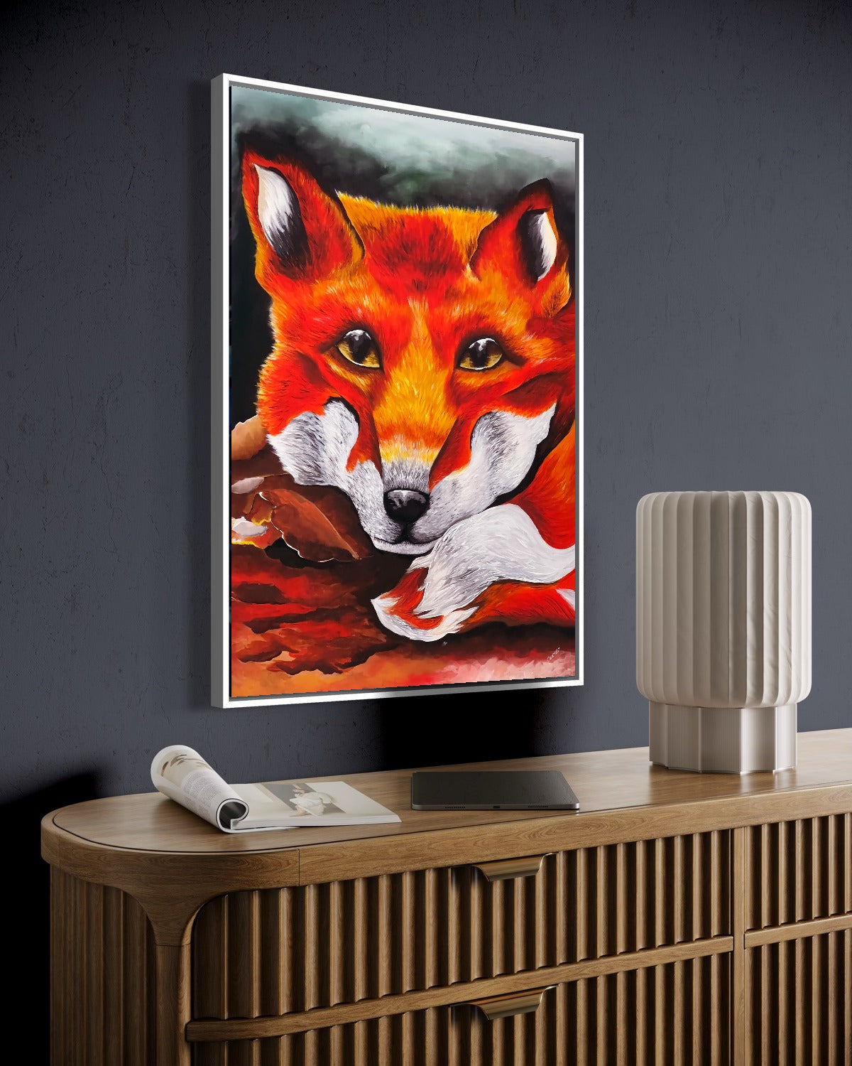 Andrea Nicole 'Quiet Curiosity' fine art canvas in a white tray float frame, shown on the wall in a styled room setting. | an:family=canvas;role=hero;finish=white;scene=white_2