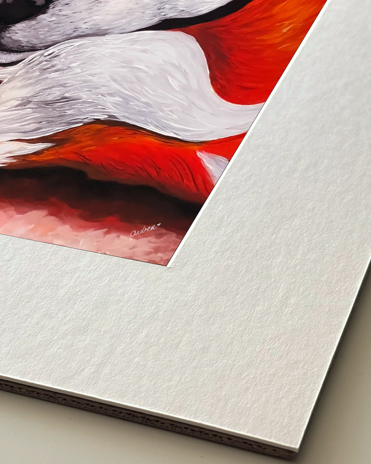 Andrea Nicole 'Quiet Curiosity' giclée fine art print in an off-white window mount, shown corner-on so the bevel-cut window opening, 100% cotton paper and mount board are visible. | an:family=print;role=mount